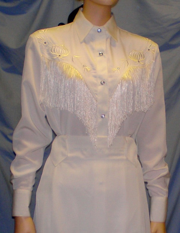 Long Sleeve Bridal Blouse, White with Off-White Fringe
