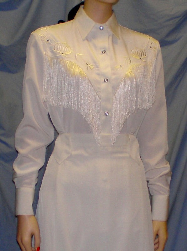 Long Sleeve Bridal Blouse, White with Off-White Fringe