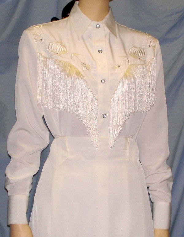 Long Sleeve Bridal Blouse, White with Off-White Fringe