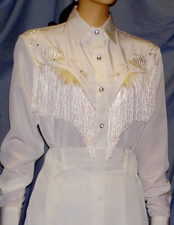 Long Sleeve Bridal Blouse, White with Off-White Fringe