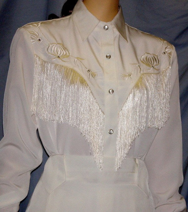 Long Sleeve Bridal Blouse, White with Off-White Fringe