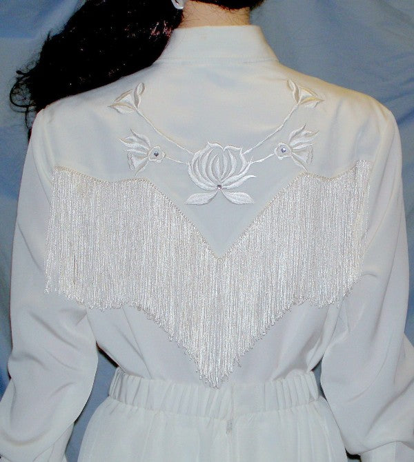 Long Sleeve Bridal Blouse, White with Off-White Fringe