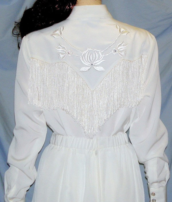 Long Sleeve Bridal Blouse, White with Off-White Fringe