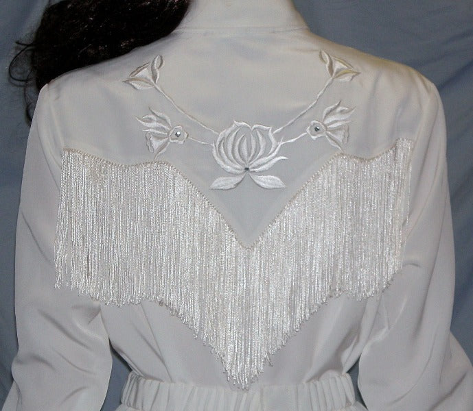 Long Sleeve Bridal Blouse, White with Off-White Fringe