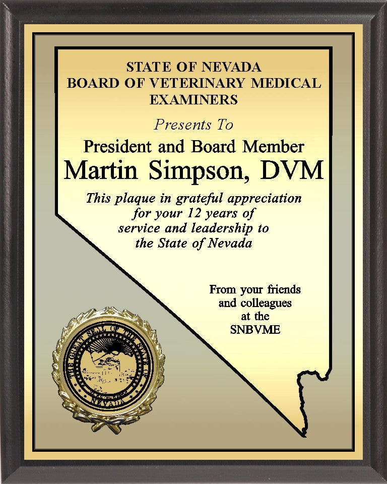 Heat Transfer Plaque, Gold Plate, Raised Medallion Holder, Nevada Theme