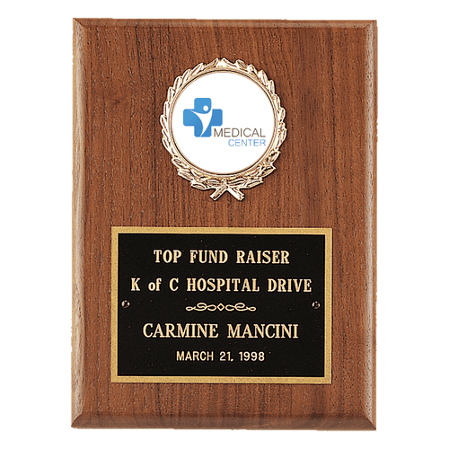 4 1/2" x 6" American Walnut Plaque with Gold Border Black Laserable Brass Plate and 2" Insert Holder- Witney Series (2" Inserts Sold Seperately)