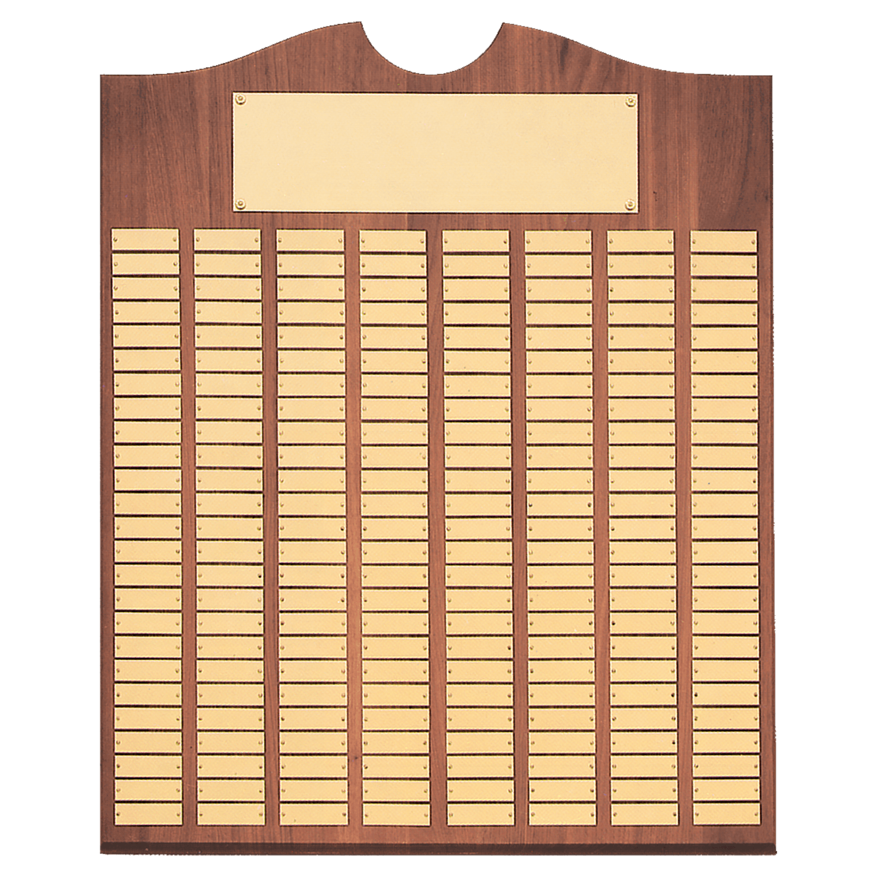 Walnut 72 Plate Perpetual Plaque with Brushed Brass 14" x 25"/Plates 7/8" x 2 3/4" American Plates