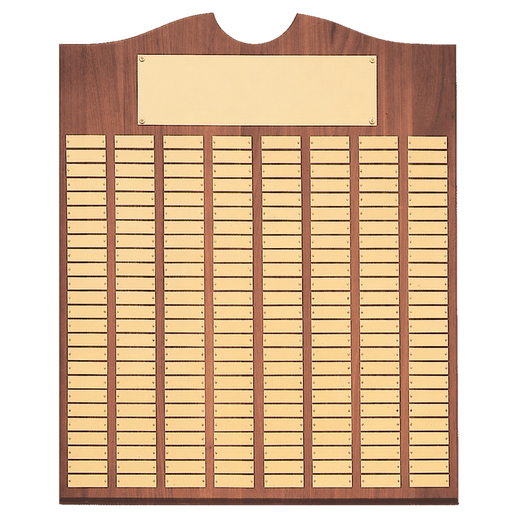 Walnut 200 Plate Perpetual Plaque with Brushed Brass 28" x 35"/Plates 7/8" x 2 3/4" American Plates