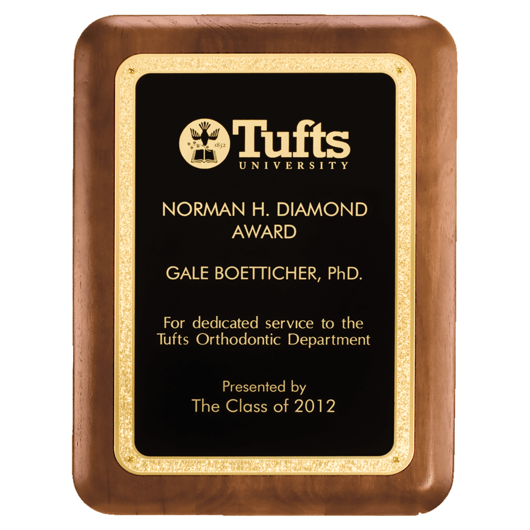 7" x 8" American Walnut Plaque with Textured Black LaserFX Plate with Gold Florentine Border