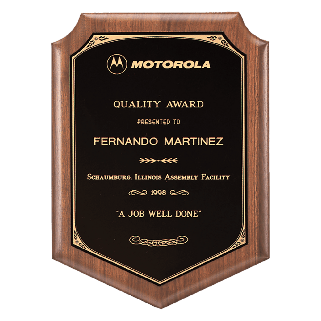 Walnut Plaque with Gold Border Laserable Black Brass 7" x 8" American Plate