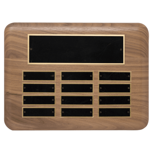 9" x 12"/Plates 7/8" x 2 3/4" American Walnut 12 Plate Perpetual Plaque with Black Brass Plated Steel Plates