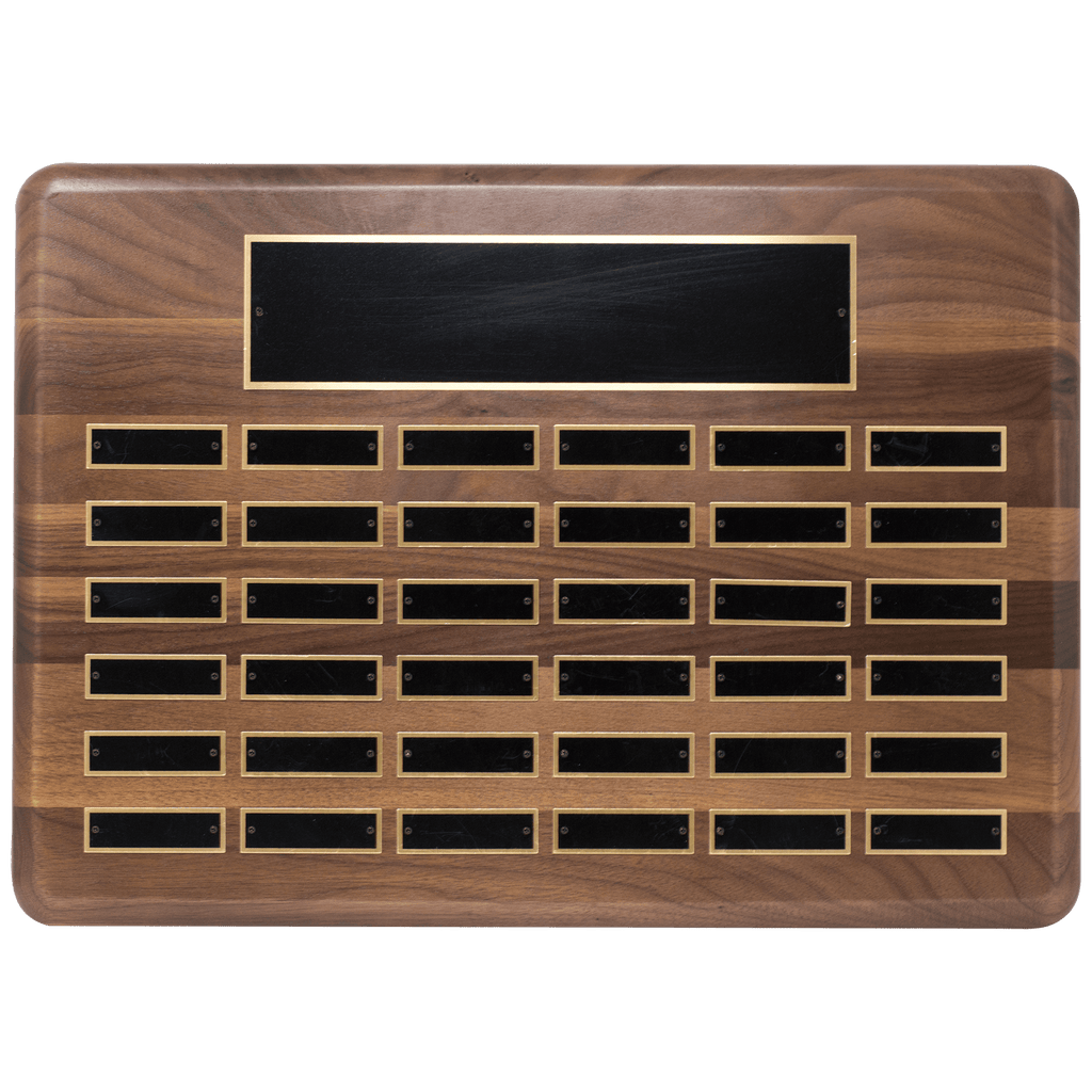 Walnut 36 Plate Perpetual Plaque with Black Brass 15" x 21"/Plates 7/8" x 2 3/4" American Plated Steel Plates