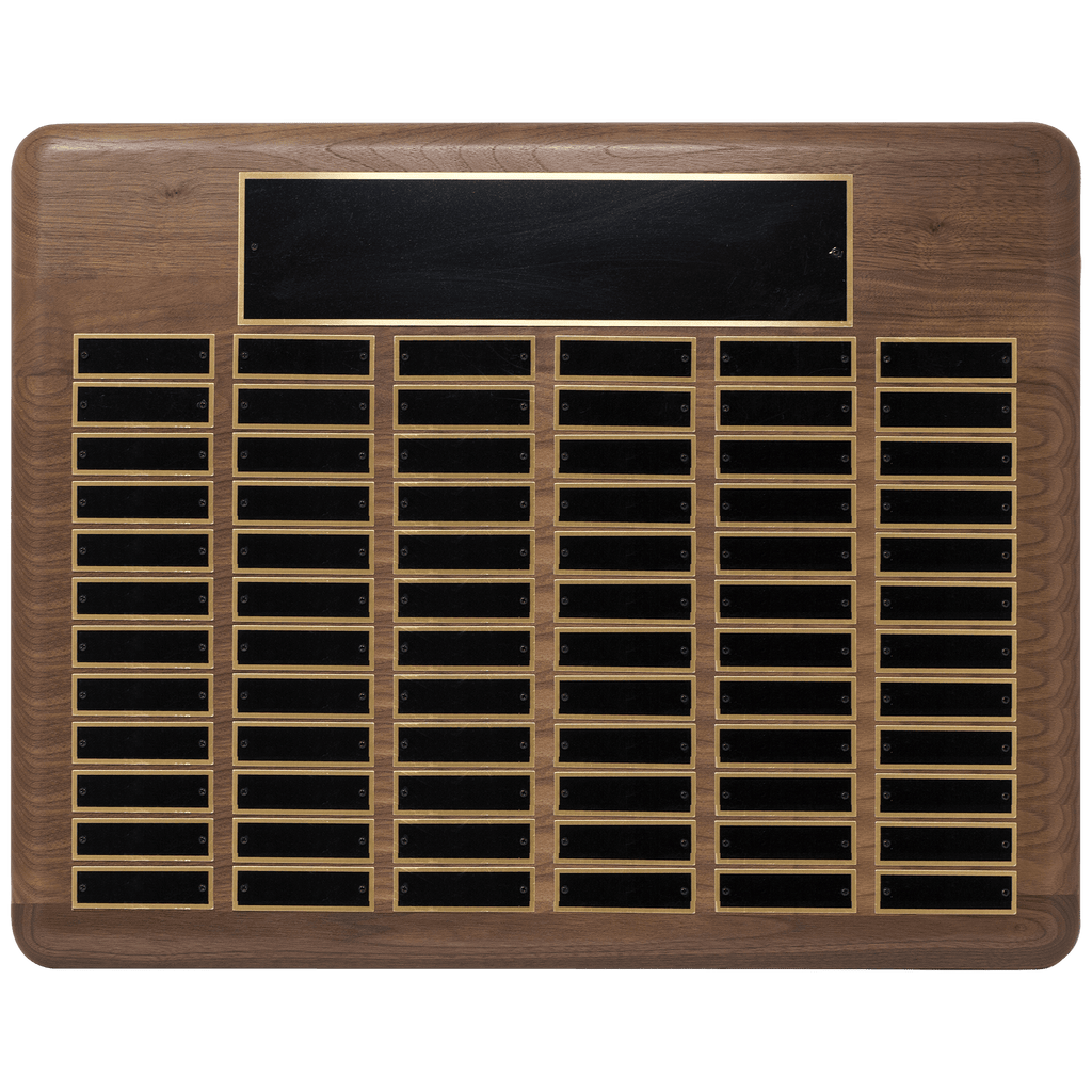 Walnut 72 Plate Perpetual Plaque with Black Brass 22" x 30"/Plates 7/8" x 2 3/4" American Plated Steel Plates