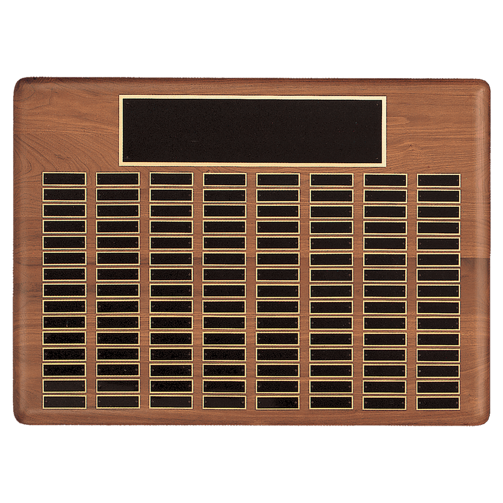Walnut 144 Plate Perpetual Plaque with Black Brass 22" x 30"/Plates 7/8" x 2 3/4" American Plated Steel Plates