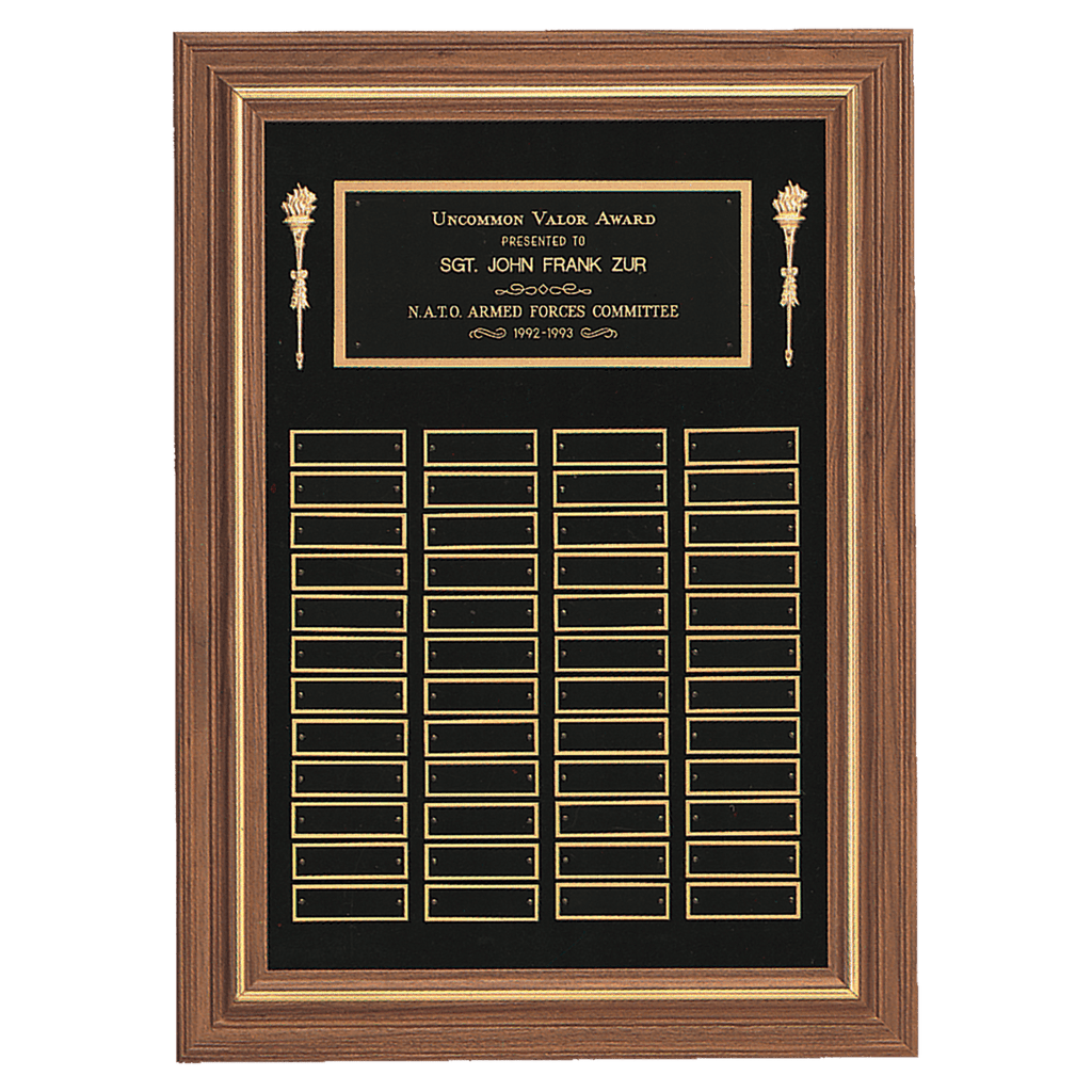 Walnut 48 Plate Perpetual Plaque with Black Brass 18" x 25"/Plates 7/8" x 2 3/4" American Plates
