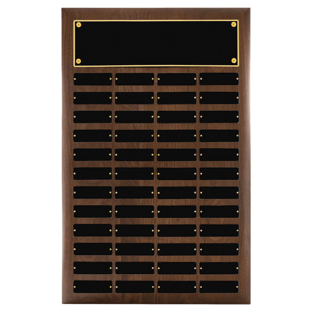 Walnut 48 Plate Perpetual Plaque with Black Brass 16" x 24"/Plates 1" x 3 1/4" American Plates
