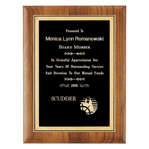 8" x 10 1/2" Coventry Series American Walnut Plaque with Gold Florentine Border Textured Black LaserFX Plate