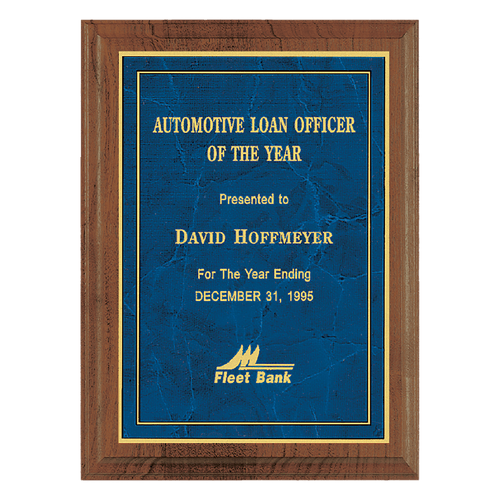 9" x 12" American Walnut Step Edge Plaque with a Gold Border Sapphire Marble LaserFX Plate