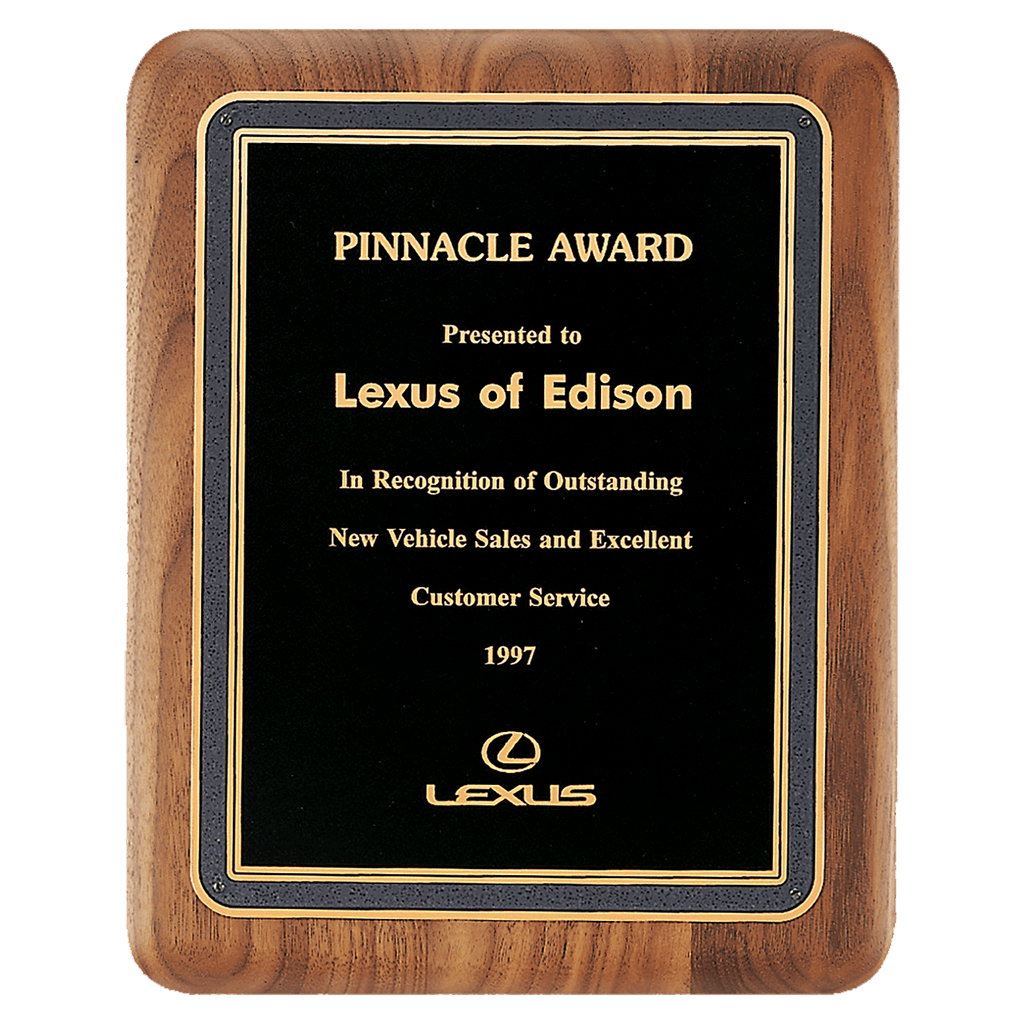 Walnut Plaque with Black/Gold Florentine Border Textured Black 8" x 10 1/2" American LaserFX Plate