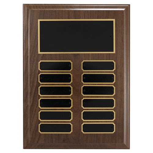 9" x 12"/Plates 7/8" x 2 3/4" Walnut Step-Edge 12 Plate Perpetual Plaque with Black Brass Plate