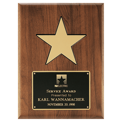 9" X 12" Gold Aluminum Star on a Solid Walnut Plaque with Black Recessed Area and Black LaserFX Plate