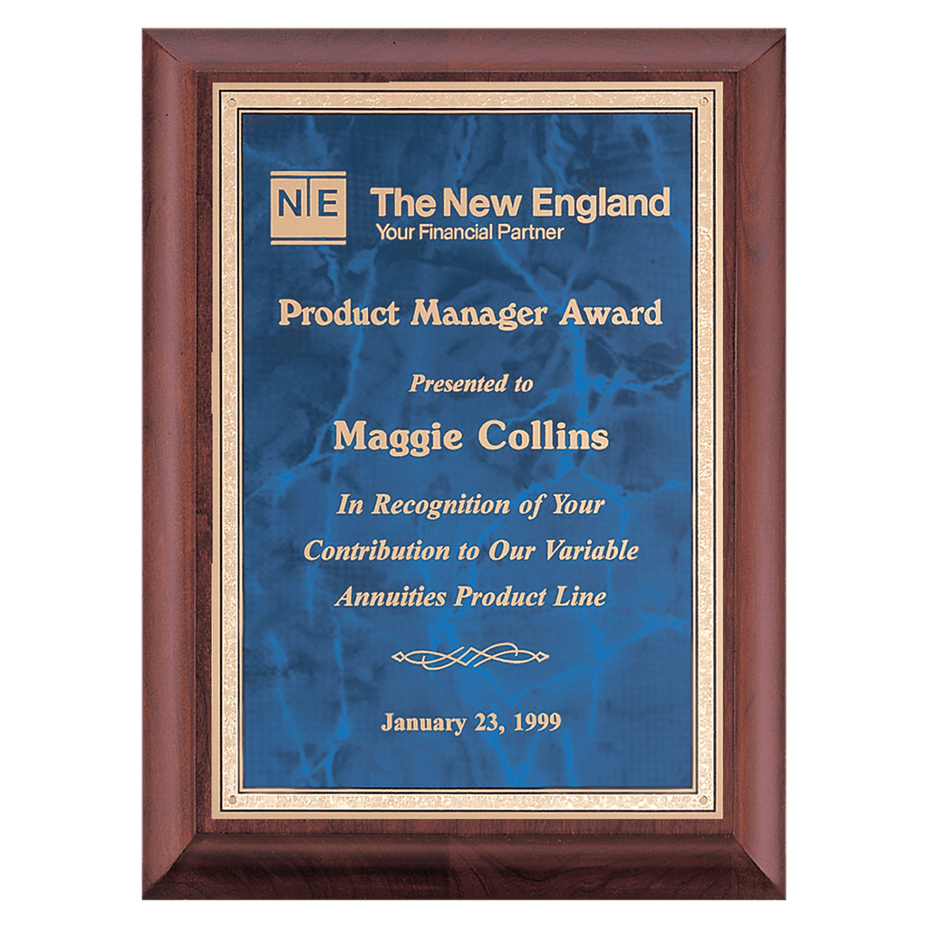 Cherry Finish Plaque with Sapphire Marble Gold 8" x 10" Hand Rubbed Border LaserFX Plate