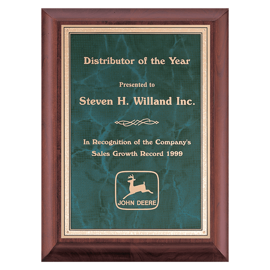 Cherry Finish Plaque with Emerald Marble Gold 8" x 10" Hand Rubbed Border LaserFX Plate