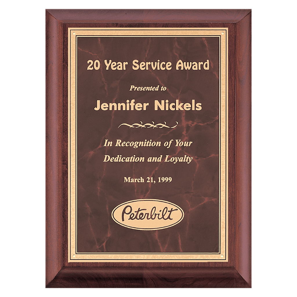 Cherry Finish Plaque with Ruby Marble Gold 7" x 9" Hand Rubbed Border LaserFX Plate