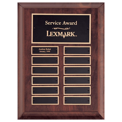 9" x 12" Airflyte Cherry Finish Perpetual Plaque with 12 Gold Border Black Laserable Brass Perpetual Plates