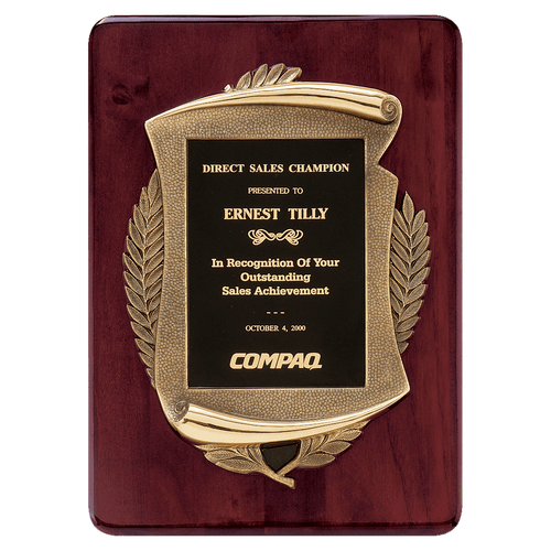11" x 15" Rosewood Piano Finish Plaque w/Antique Bronze Scroll Frame and Black Brass Plate