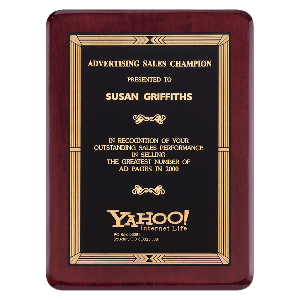 Rosewood Piano Finish Plaque with Gold Border Black Laserable Brass 8" x 10 1/2" Airflyte Premium Plate