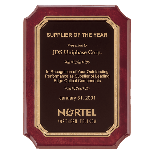 8" x 10 1/2" Airflyte Rosewood Piano Finish Plaque with Gold Border Black Brass Plated Steel LaserFX Plate