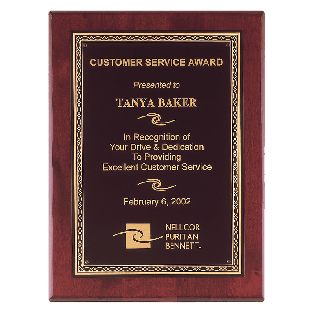 Rosewood Piano Finish Plaque with Gold Florentine Border Laserable Black Brass 7" x 9" Airflyte Premium PLate