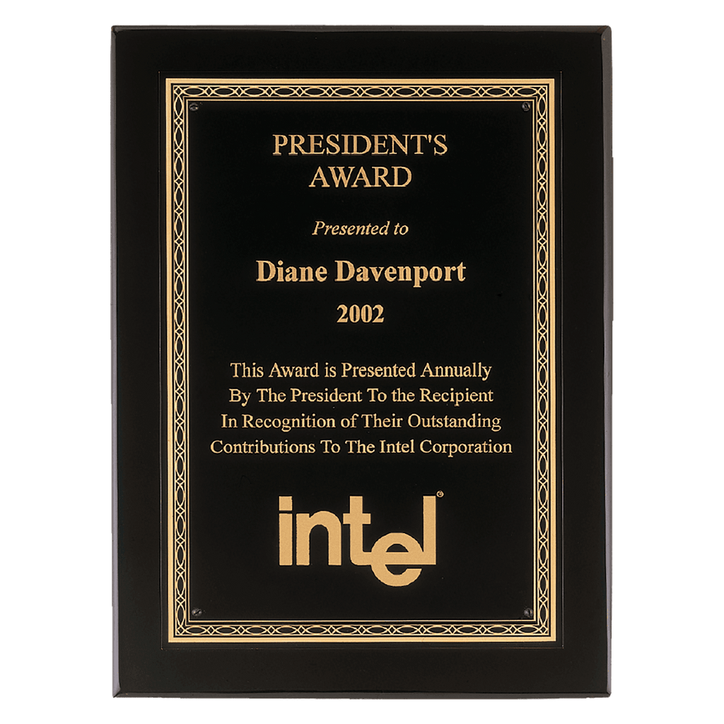 Black Piano Finish Plaque with Gold Florentine Border Laserable Black Brass 8" x 10" Airflyte Premium Plate