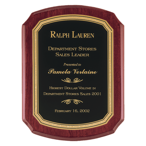 101/2" x 13" Airflyte Rosewood Piano Finish Plaque with Black/Gold Florentine Border LaserFX Plate