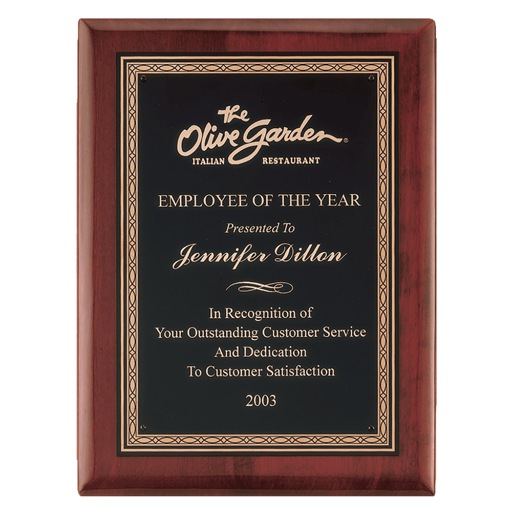 Rosewood Piano Finish Plaque wtih Gold Border Black Laserable Brass 8" x 10 1/2" Airflyte Premium Plate