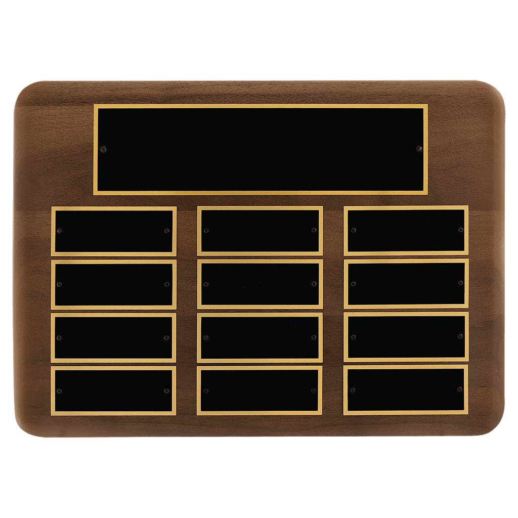 Walnut 12 Plate Perpetual Plaque with Black Brass 11" x 15"/Plates 1 1/2" x 3 3/4" American Plates