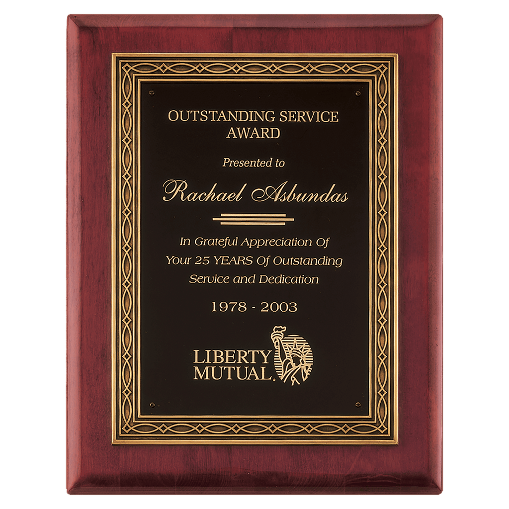 Rosewood Piano Finish Plaque w/Antique Bronze Cast Frame and Black Brass 11" x 14" Plate