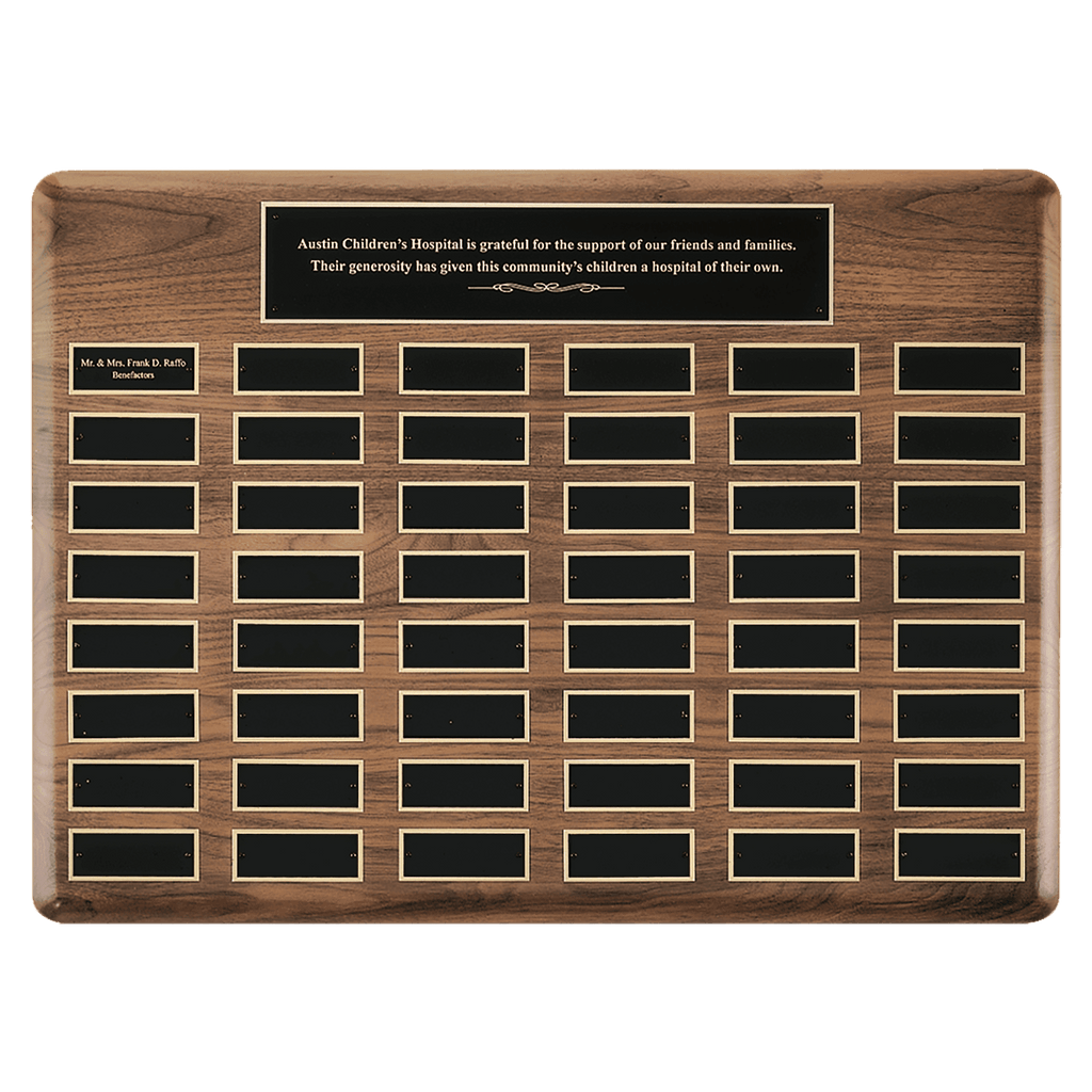 Walnut 36 Plate Perpetual Plaque with Black Brass 22" x 30"/Plates 1 1/2" x 3 3/4" American Plates