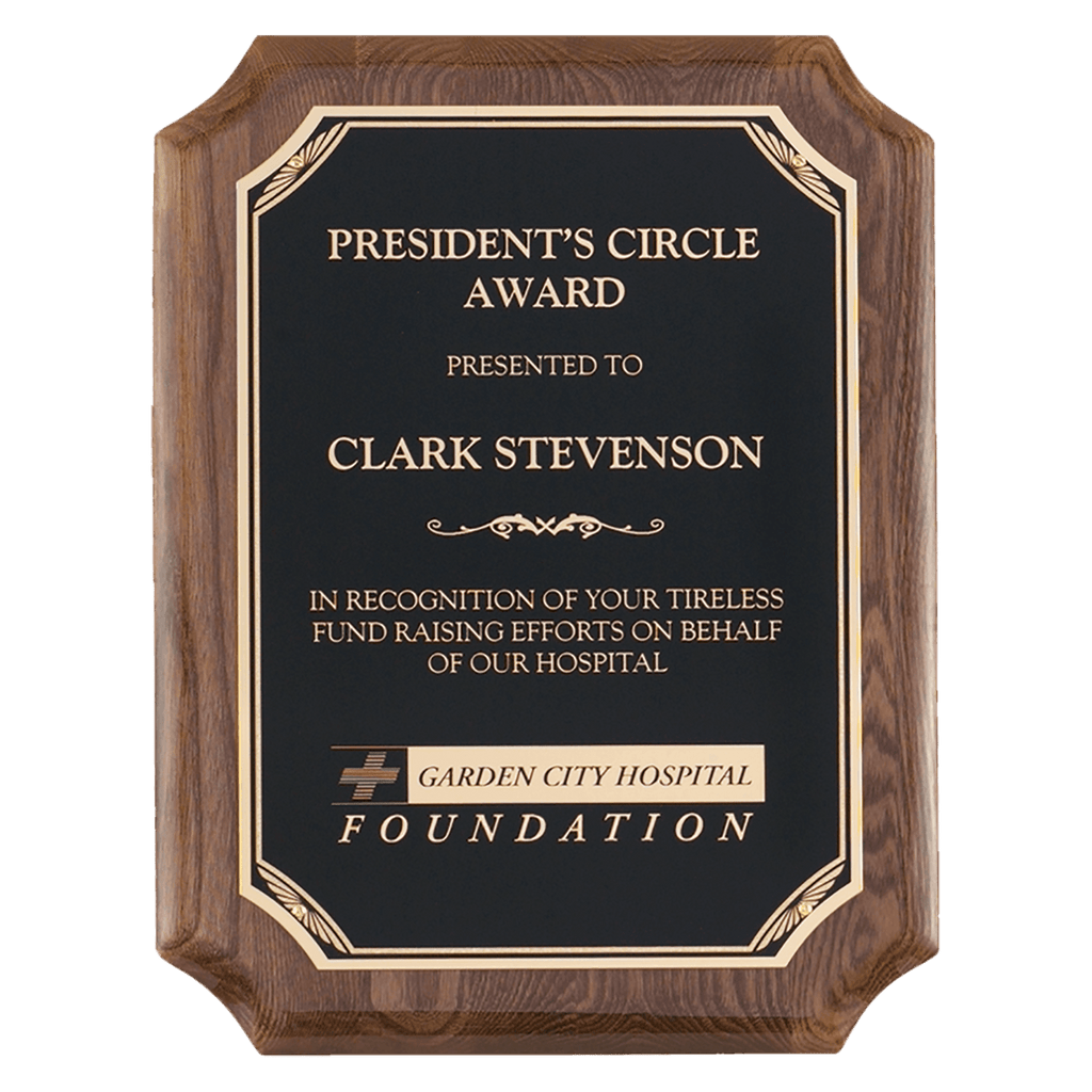 Walnut Piano Finish Plaque with Gold Florentine Border Black 9" x 12" Airflyte LaserFX Plate