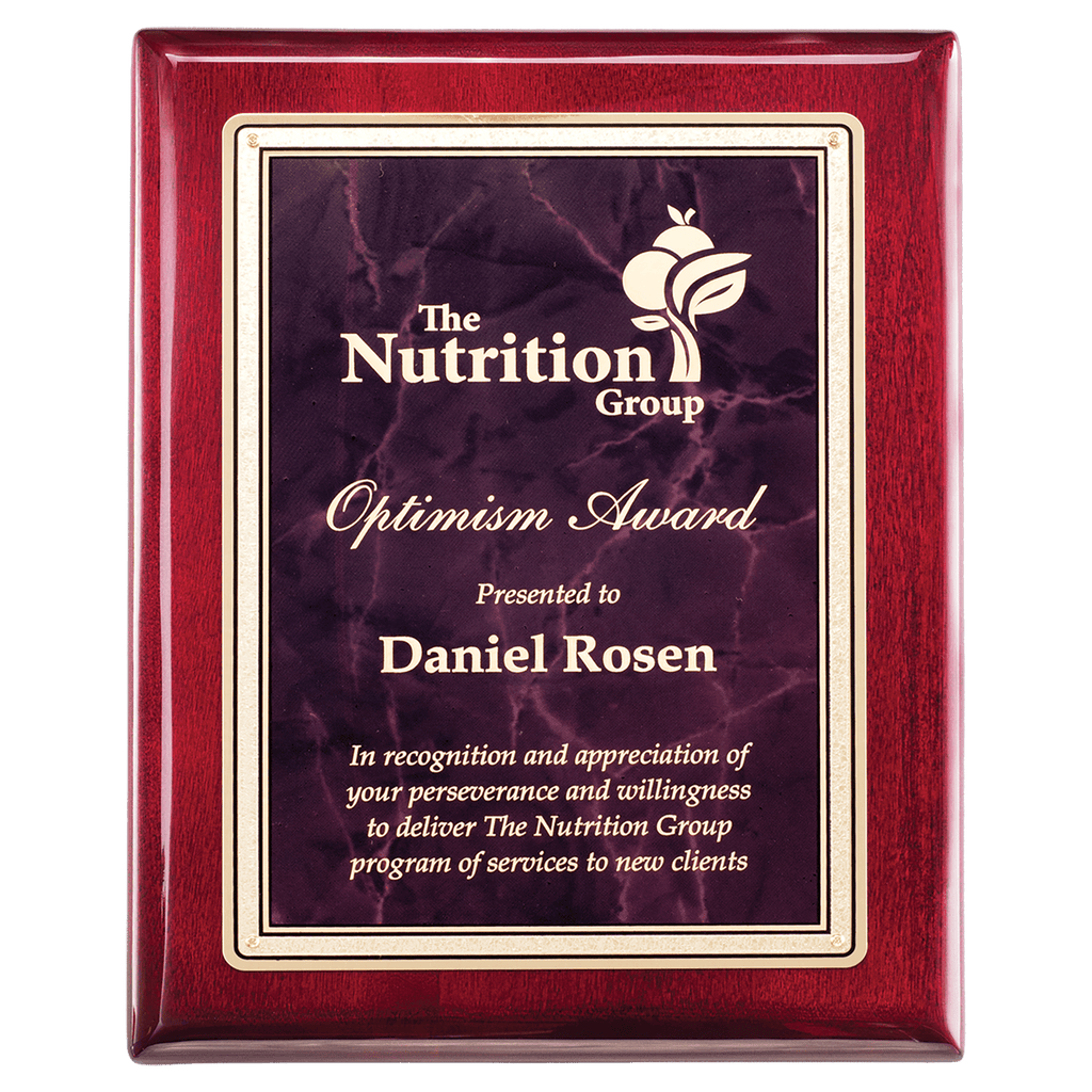 Rosewood Piano Finish Plaque with Ruby Marble/Gold 7" x 9" Florentine Design LaserFX Plate