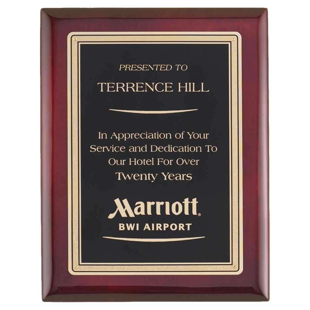 Rosewood Piano Finish Plaque with Gold Border Black Airflyte Premium LaserFX Plate