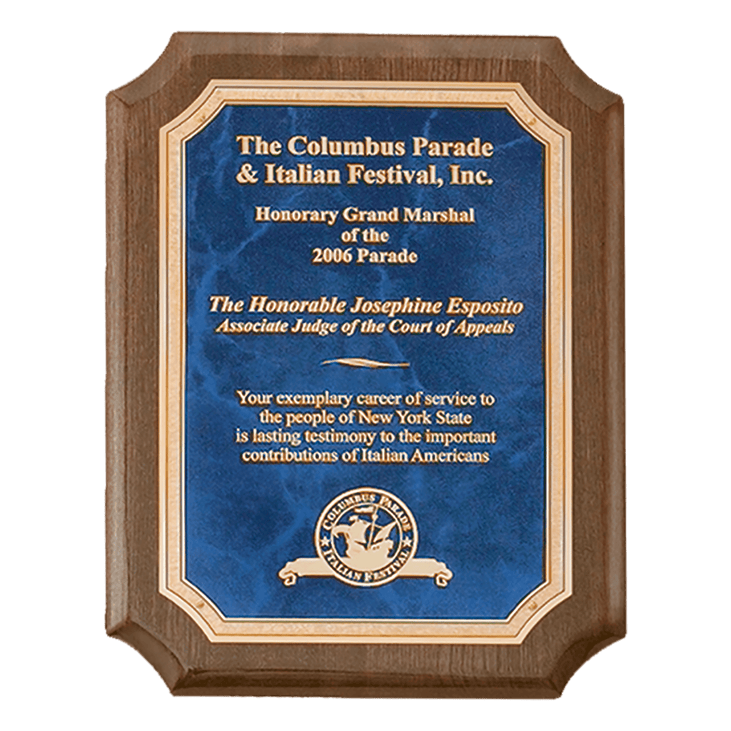 Walnut Piano Finish Plaque with Gold 2 7" x 9" Airflyte Premium Florentine Border Sapphire Marble LaserFX Plate