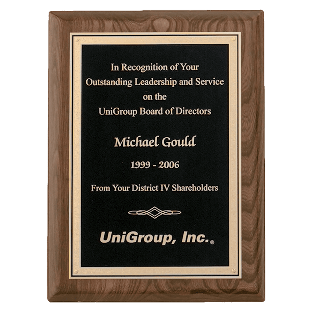 Walnut Piano Finish Plaque with Textured Black/Gold 8" x 10" Airflyte Florentine Border LaserFX Plate