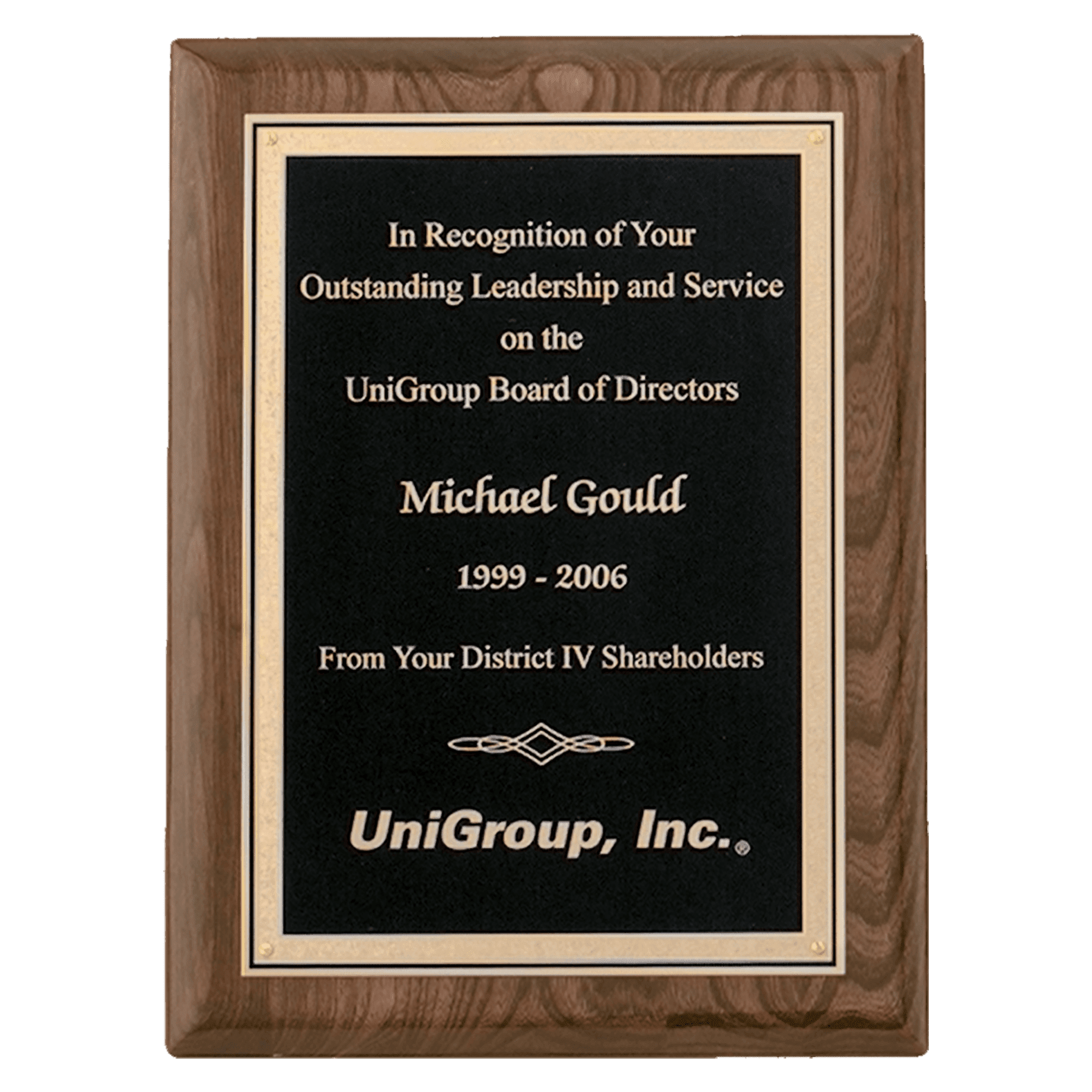 Walnut Piano Finish Plaque with Textured Black/Gold 8" x 10" Airflyte Florentine Border LaserFX Plate