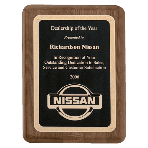 9" x 12" Airflyte Premium Walnut Piano Finish Plaque with Gold Florentine Border Textured LaserFX Plate