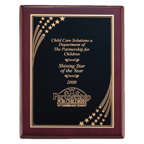 7" x 9" Airflyte Rosewood Piano Finish Plaque with Gold Florentine Star Border LaserFX Plate