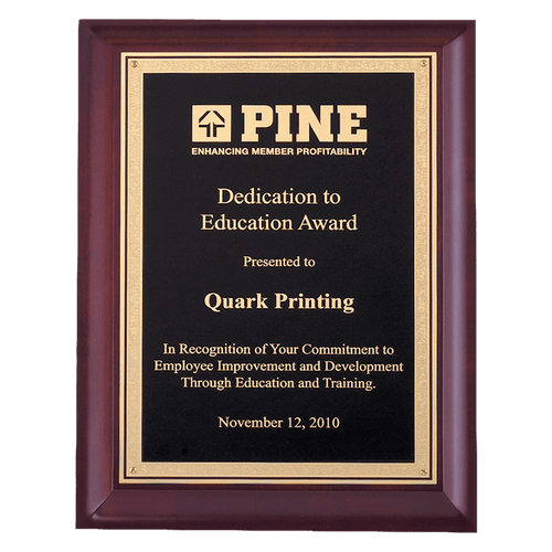 9" x 12" Hand Rubbed Cherry Finish Plaque with Gold Florentine Border Black LaserFX Plate