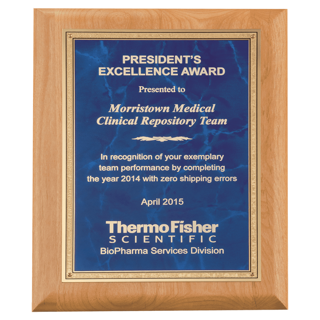 Alder Wood Plaque with Sapphire Marble Gold 8" x 10" Natural Florentine Bordered LaserFX Plate