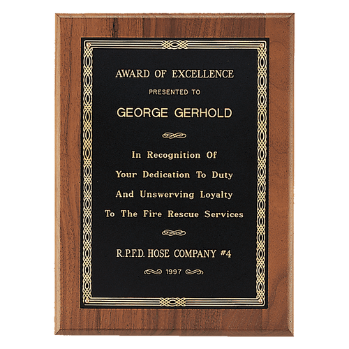 6" x 8" Jewelers Black Laserable Gold Border Plate on an American Walnut Plaque - Sheffield Series